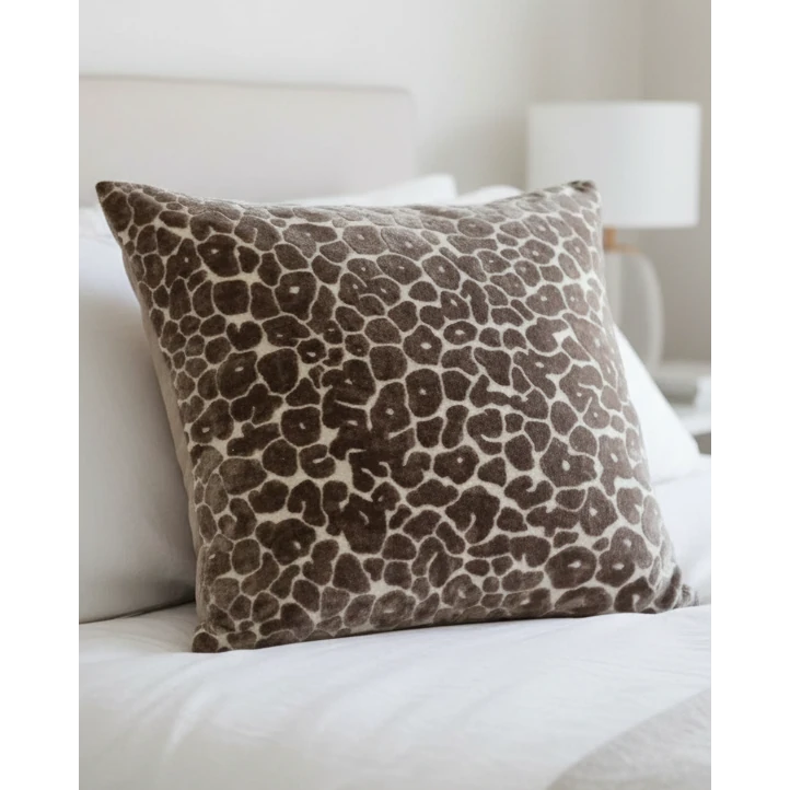 Neutral brown leopard print velvet cushion cover by Malini, 45cm x 45cm, soft furnishings with a stylish, textured design.