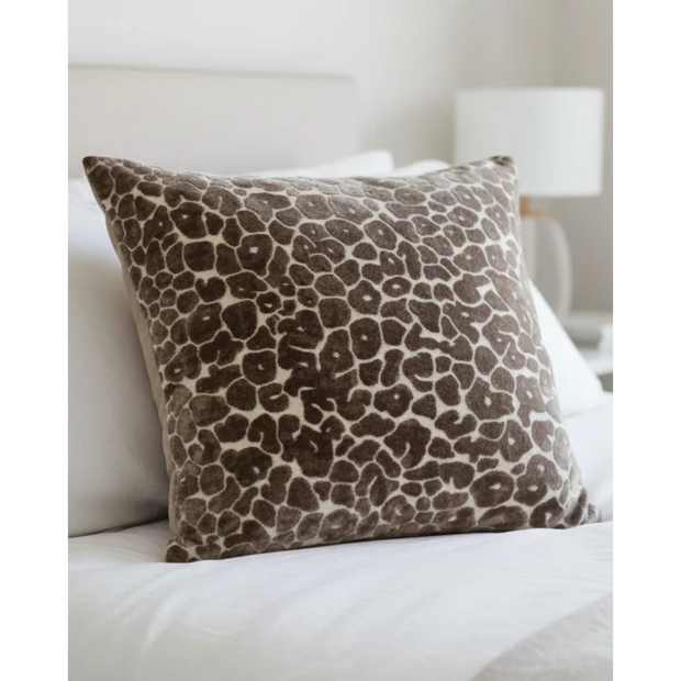 Neutral brown leopard print velvet cushion cover by Malini, 45cm x 45cm, soft furnishings with a stylish, textured design.