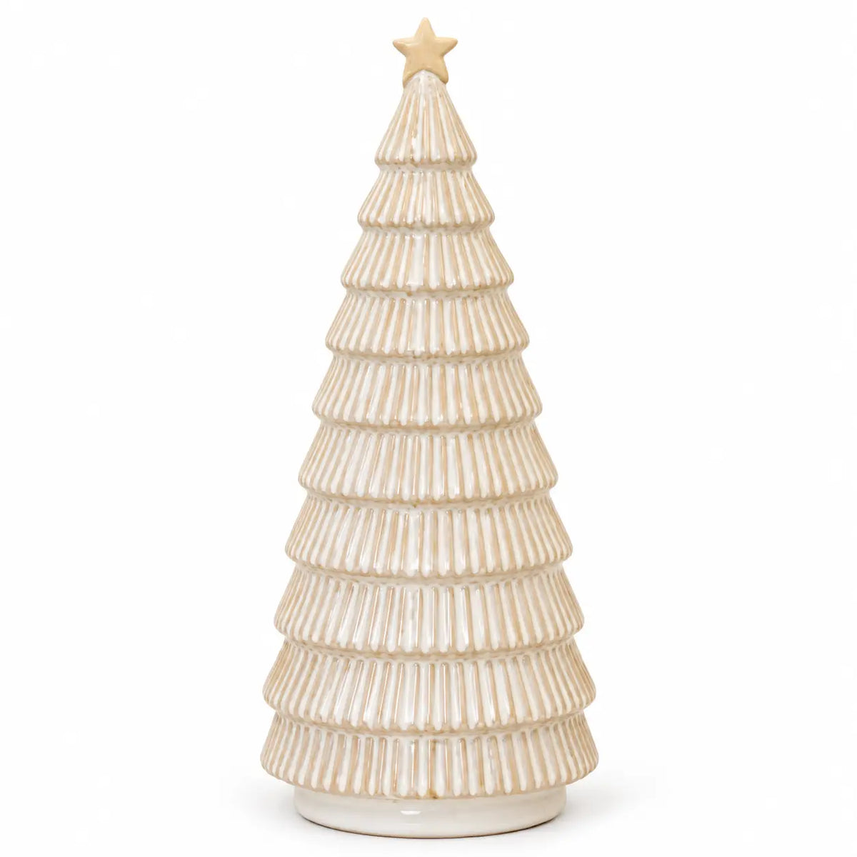 Neutral cream ceramic Christmas tree with ribbed tiers and cream star on a clean white background, 25 cm high