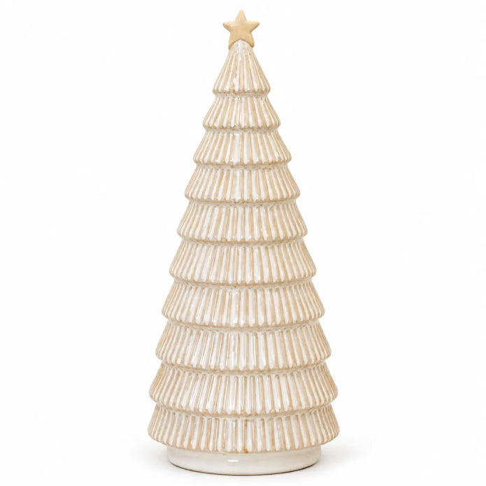 Neutral cream ceramic Christmas tree with ribbed tiers and cream star on a clean white background, 25 cm high