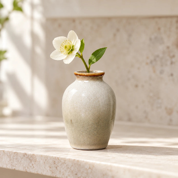 Large slim neutral ceramic mini bud vase with a single white flower on a cream kitchen shelf.