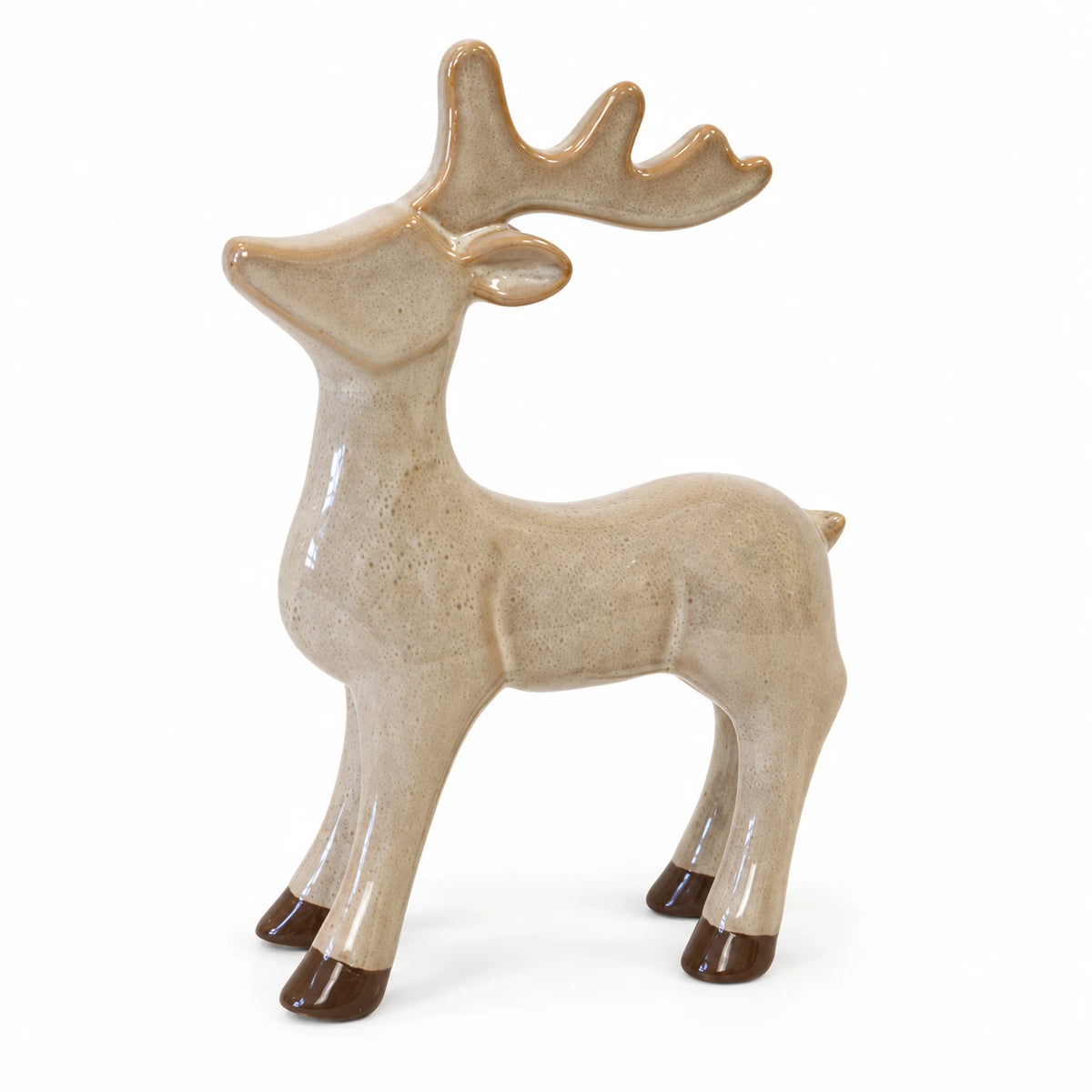 Studio angle of the standing ceramic reindeer showing rounded antlers and dark brown hooves.