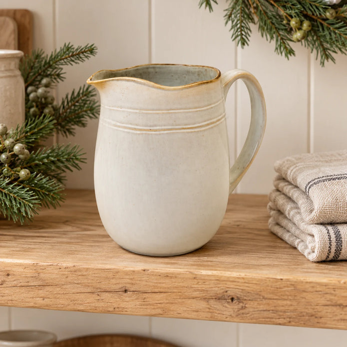 Neutral stoneware jug on an oak kitchen shelf beside linen and Christmas greenery