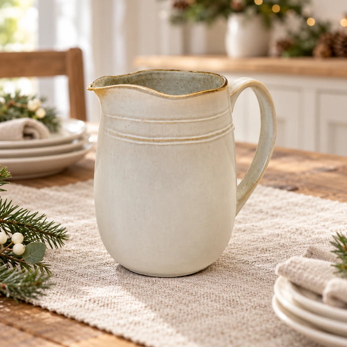 Neutral stoneware jug on a linen runner in a Christmas table setting