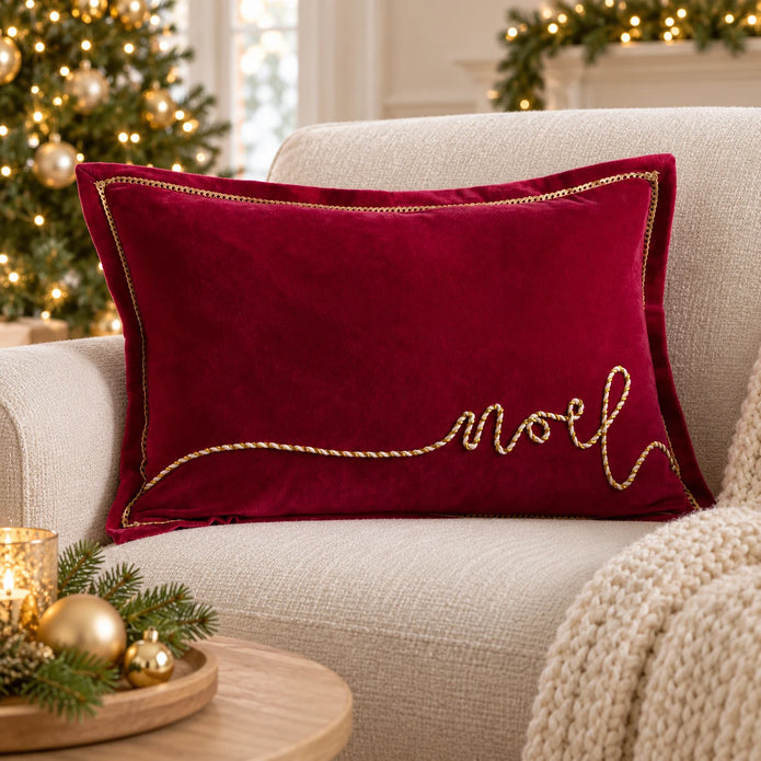 Red and gold Noel applique velvet cushion by Riva Home、】【