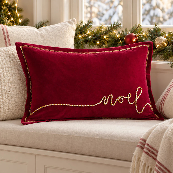 Red and gold Noel applique velvet cushion by Riva Home for Christmas décor