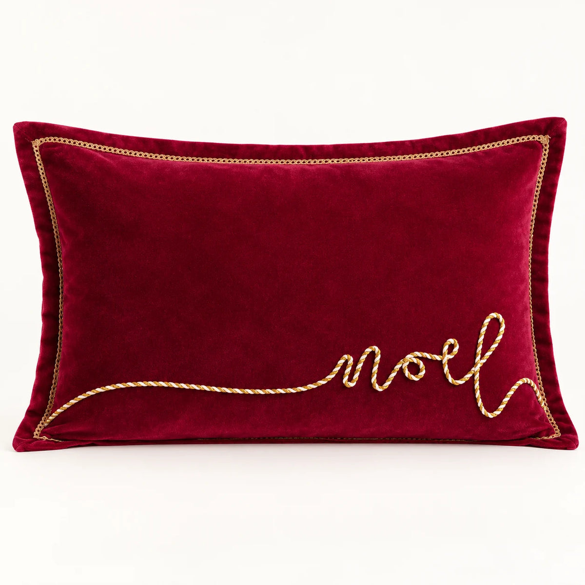 Red and gold Noel applique velvet cushion by Riva Home, featuring festive Christmas lettering and decorative stitching