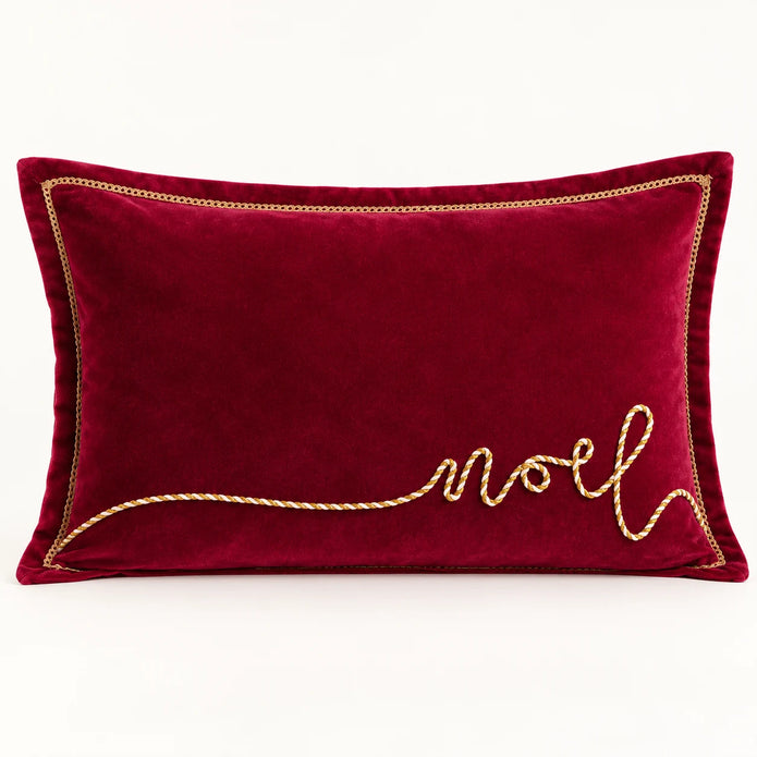 Red and gold Noel applique velvet cushion by Riva Home, featuring festive Christmas lettering and decorative stitching
