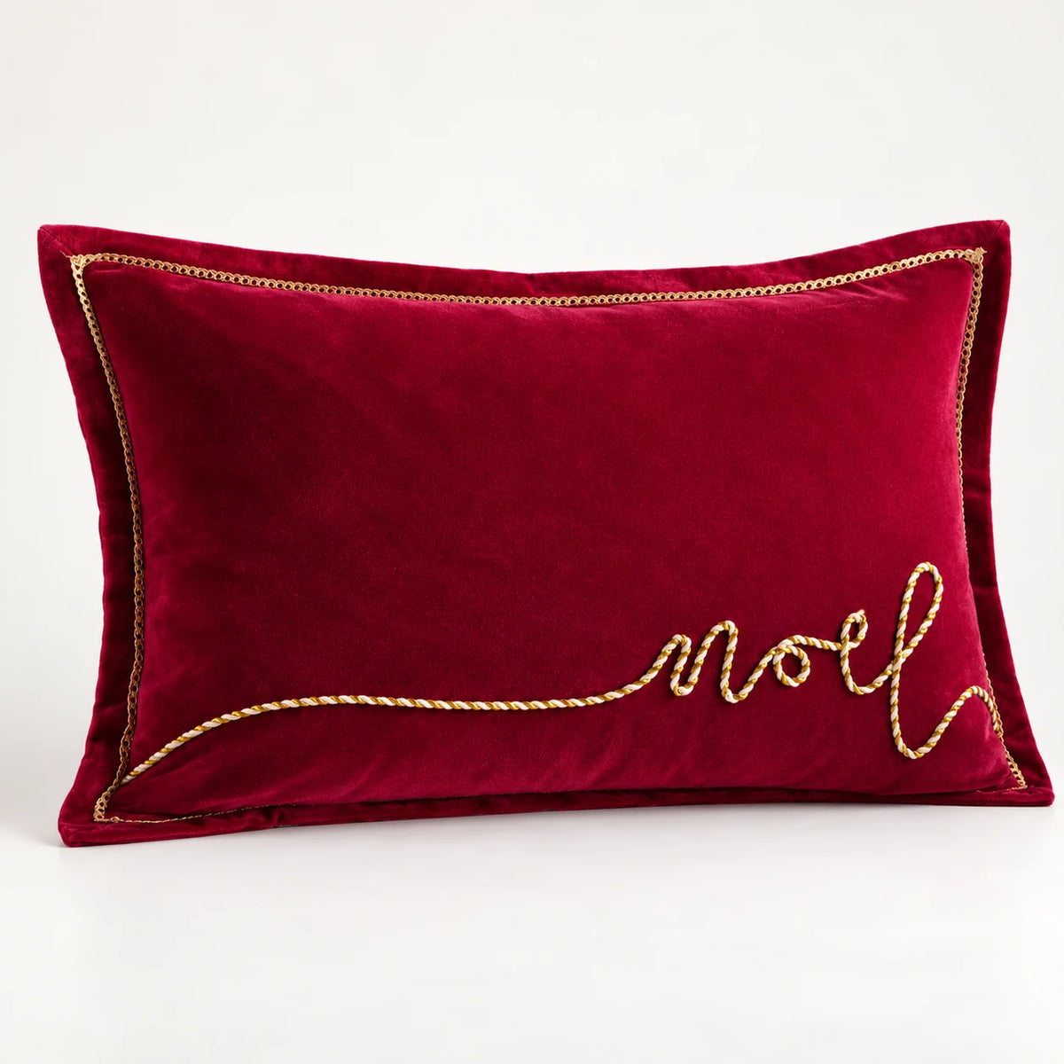 Red and gold Noel applique velvet Christmas cushion by Riva Home