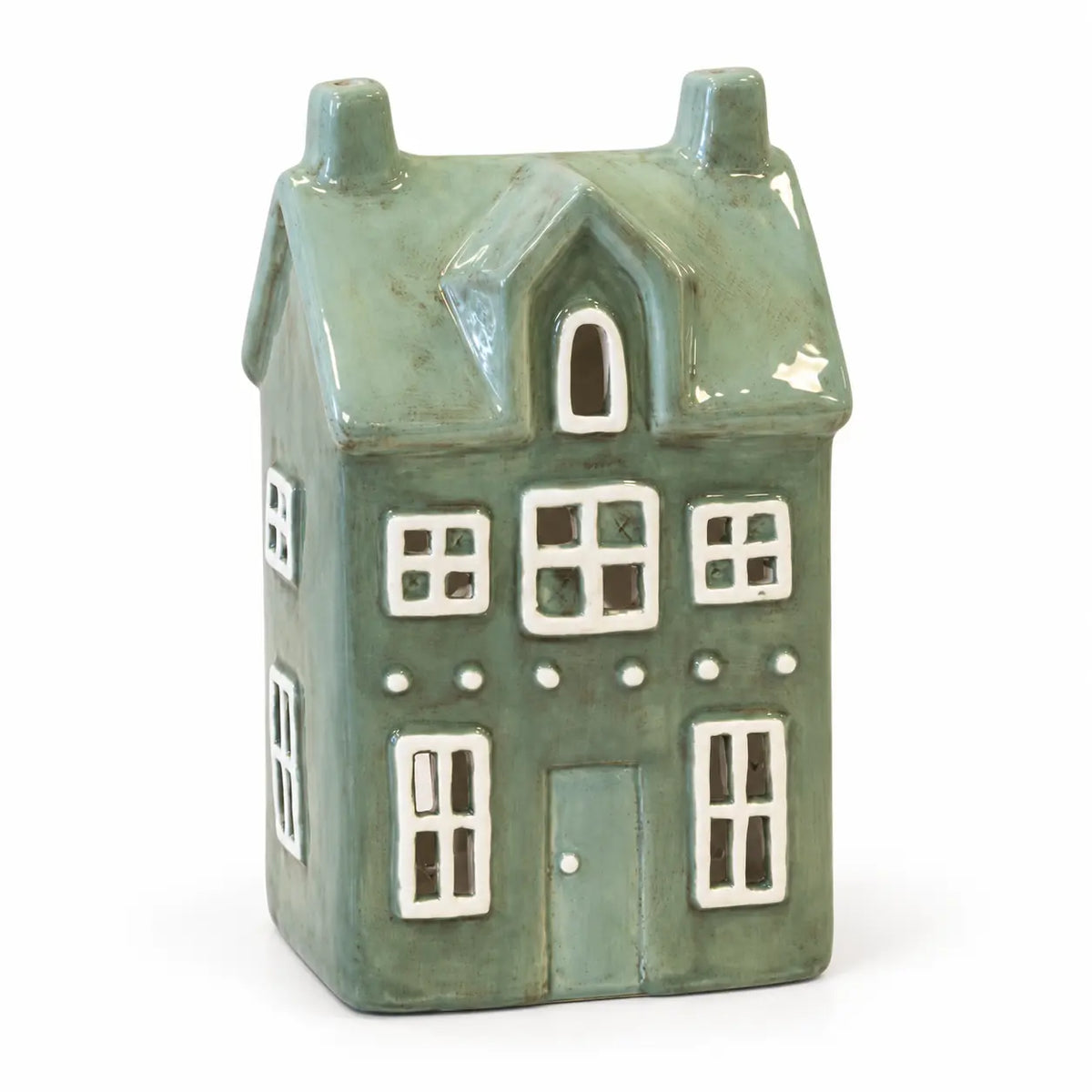 Satchville Nordic Green Ceramic Tealight Holder House - Large, Christmas decoration viewed from front