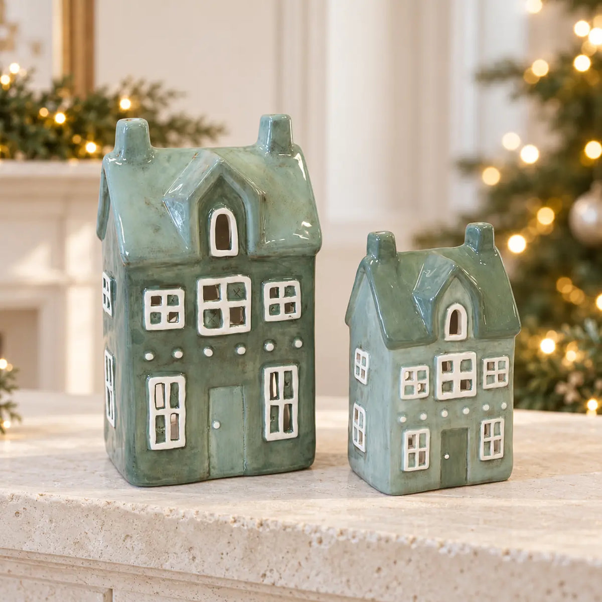 Satchville Nordic Green Ceramic Tealight Holder House, large Christmas decoration
