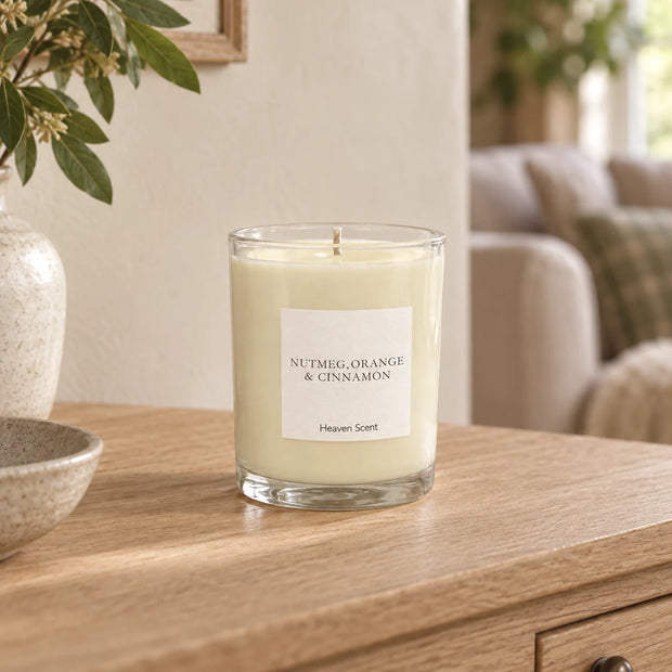 Heaven Scent Nutmeg, Orange + Cinnamon Medium Candle, ivory wax in clear glass on an oak console