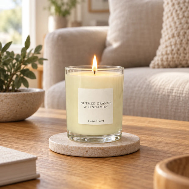 Heaven Scent Nutmeg, Orange + Cinnamon Medium Candle, lit in clear glass on a stone coaster in a living room