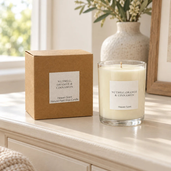 Heaven Scent Nutmeg, Orange + Cinnamon Medium Candle, unlit with its brown kraft box on a cream console