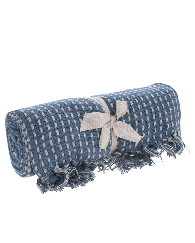 Ocean Blue Woven Stab Stitch Cotton Throw - Soft FurnishingsSoft Furnishings - Lulu Loves Home