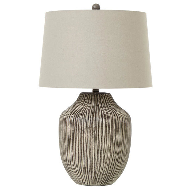 Ochre brown wooden lamp from Hill Interiors, modern lighting fixture with a warm wooden finish and sleek design.