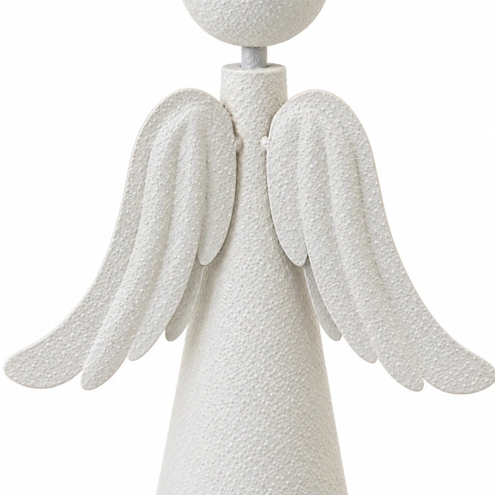 White studio close-up of the textured off-white metal finish and layered angel wings.