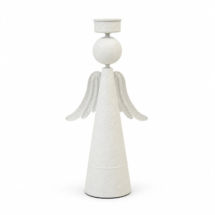 Complete 32cm off-white metal angel tealight holder, empty on a white studio background.