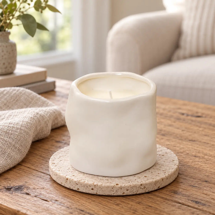 Off-white Satchville sculpted candle for home decor, featuring intricate design and elegant white finish.