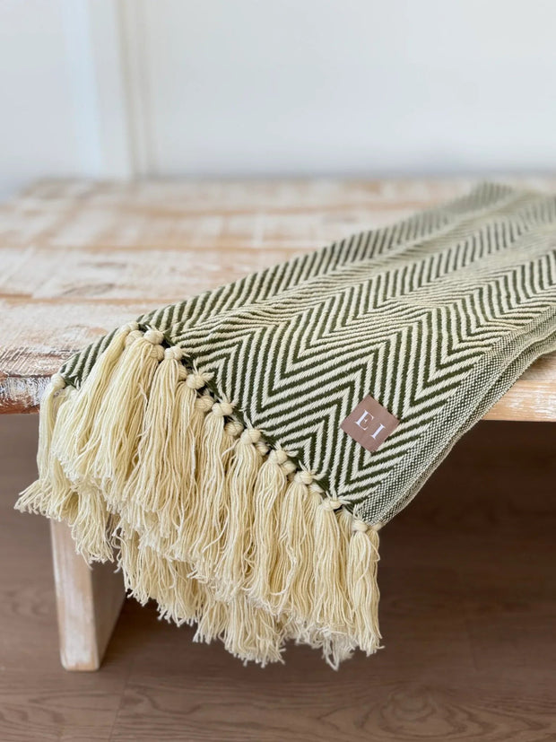 Olive And Cream Herringbone Blanket Throw - Soft FurnishingsSoft Furnishings - Lulu Loves Home