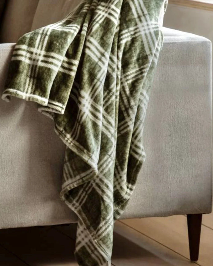 Olive Green Checkmate Rolled Fleece Blanket Throw - Soft FurnishingsSoft Furnishings - Lulu Loves Home
