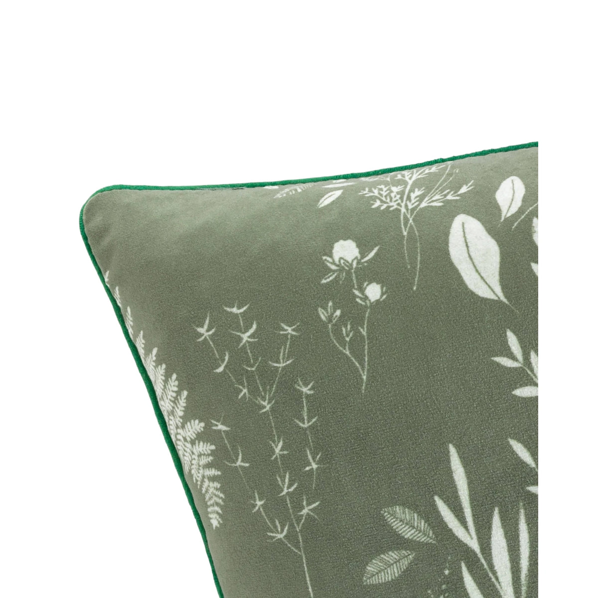 Olive green Fearne printed velvet cushion cover by Riva Home, showcasing soft furnishings with floral pattern and textured fabric.