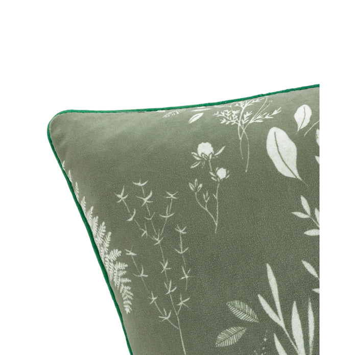 Olive green Fearne printed velvet cushion cover by Riva Home, showcasing soft furnishings with floral pattern and textured fabric.