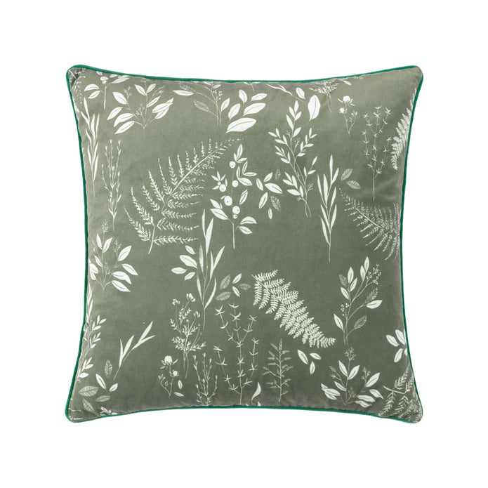 Olive green Fearne printed velvet cushion cover by Riva Home, showcasing soft furnishings with floral pattern and plush texture.