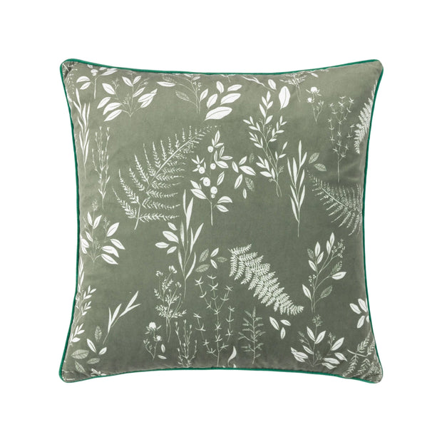 Olive green Fearne printed velvet cushion cover by Riva Home, showcasing soft furnishings with floral pattern and plush texture.