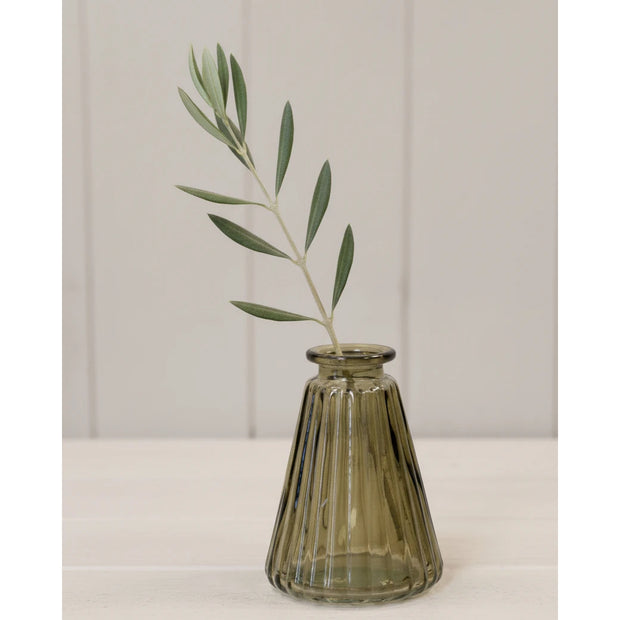 Olive green glass ribbed triangle bottle bud vase, a stylish home decor piece by Satchville with textured surface.