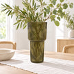 Satchville olive green tall glass ribbed vase with leafy foliage display