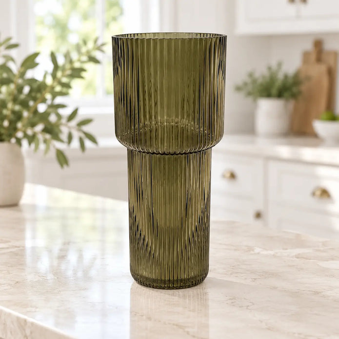Olive green tall glass ribbed vase by Satchville for kitchen decor
