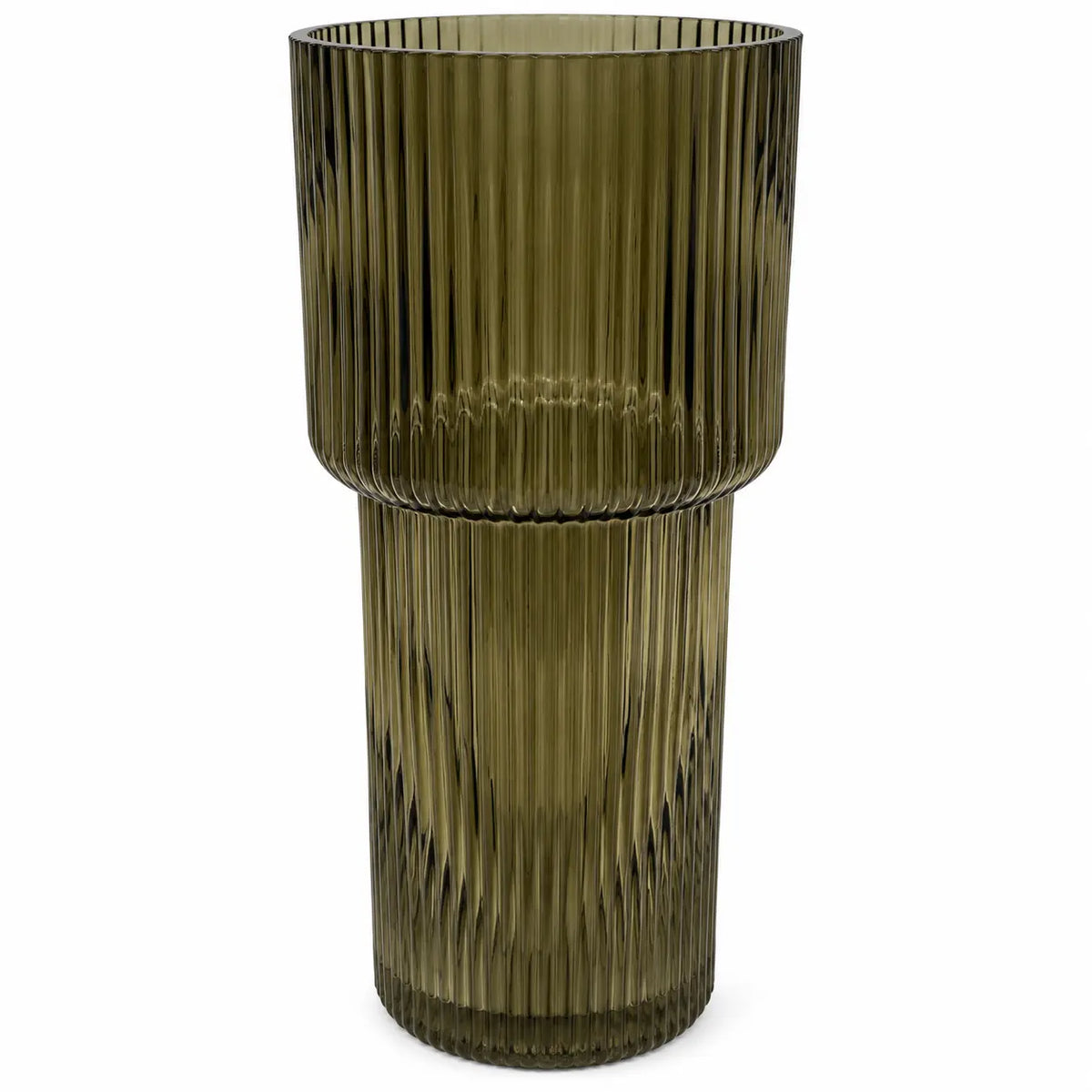 Olive green tall ribbed glass vase by Satchville