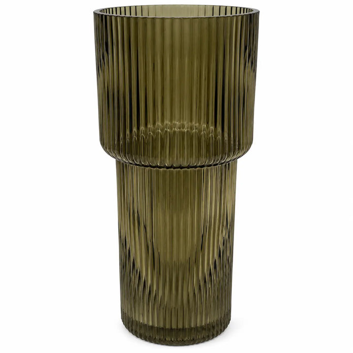 Olive green tall ribbed glass vase by Satchville