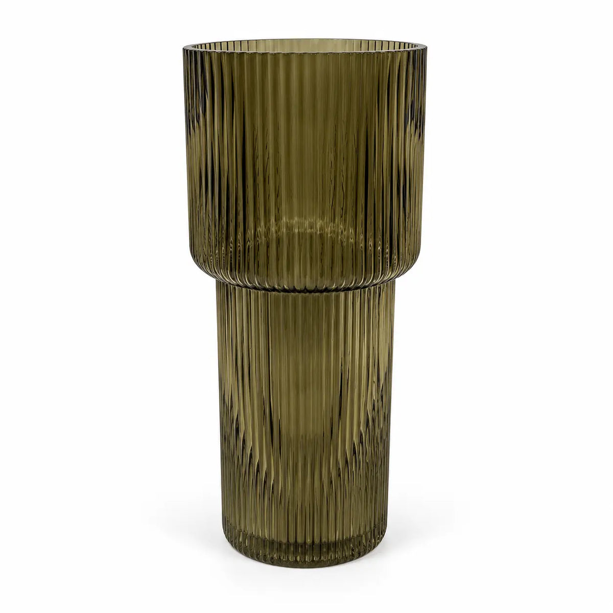 Satchville olive green tall glass ribbed vase on a clean studio background