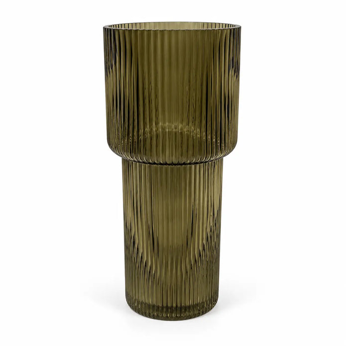 Satchville olive green tall glass ribbed vase on a clean studio background