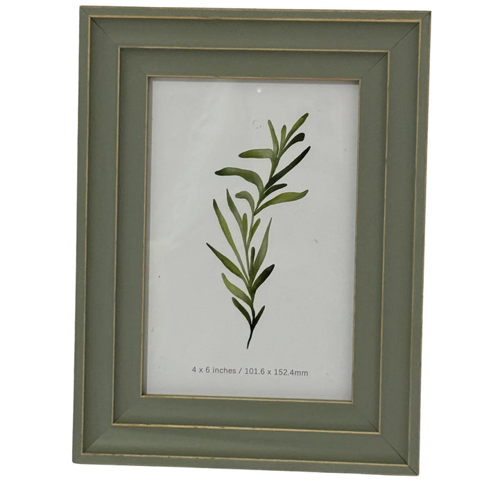 Olive Green Wooden Vilde Photo Frame front view with fine gold trim and botanical insert on white background