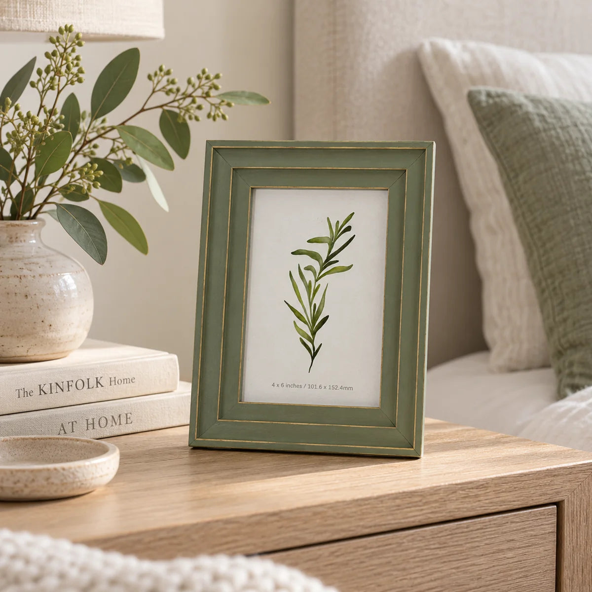 Olive green wooden Vilde photo frame styled on a bedroom bedside table with neutral furnishings
