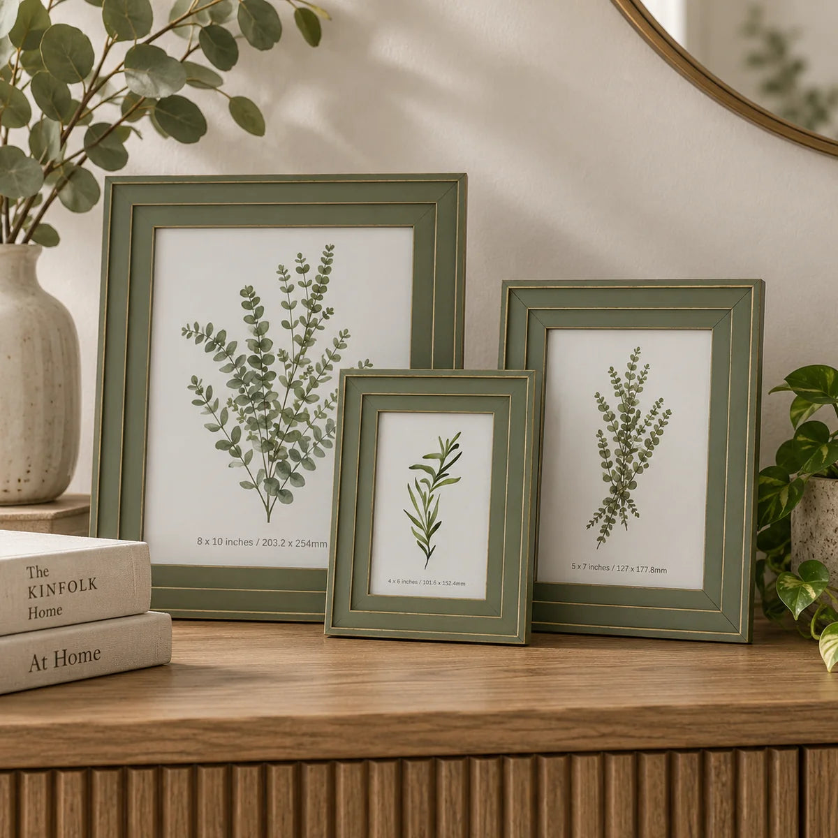Olive green wooden Vilde photo frame with gold detail styled on a rustic country home console