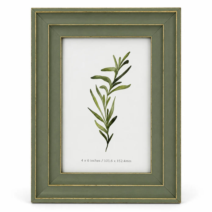 Olive green Vilde photo frame with stepped gold-edged border in everyday home decor