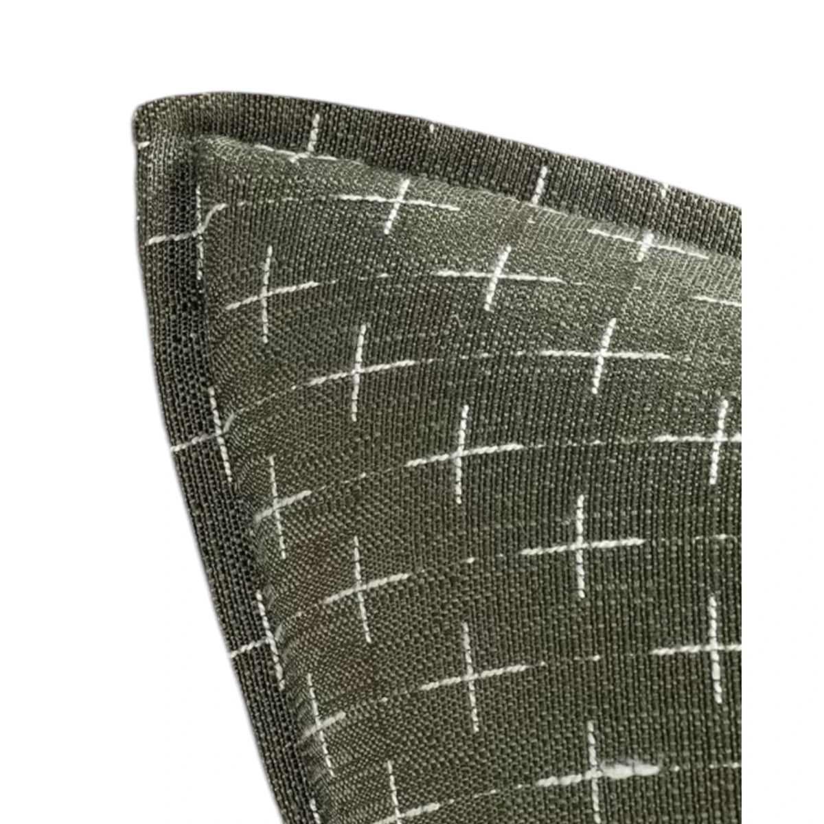 Olive green woven cushion cover with cross design, soft furnishings by Starlight Express, showcasing textured fabric and decorative pattern.