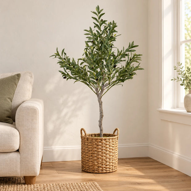 Small Satchville artificial olive tree, 120cm tall, with realistic green leaves and a sturdy pot for indoor or outdoor decor.