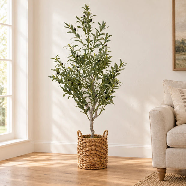 Medium artificial olive tree by Satchville with lush green foliage and realistic branches, measuring 150cm tall.