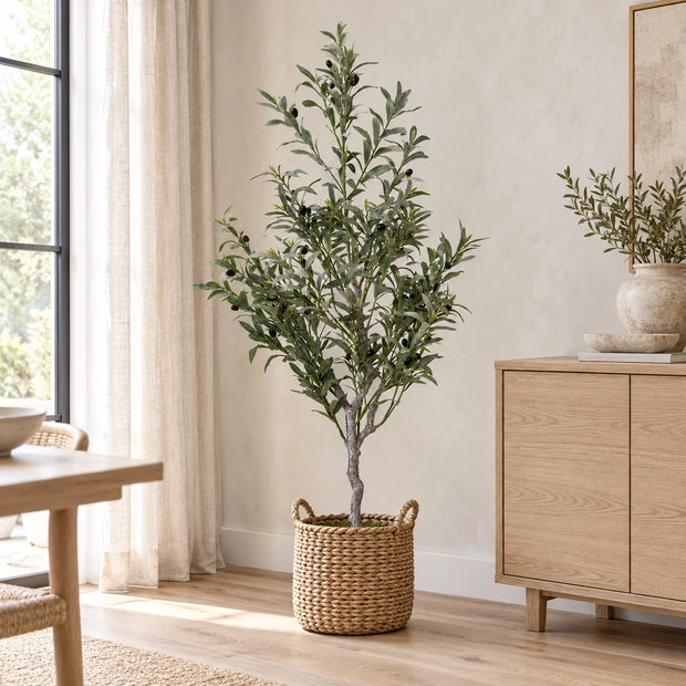 Medium artificial olive tree by Satchville, 150cm tall, with realistic green leaves in a home interior setting