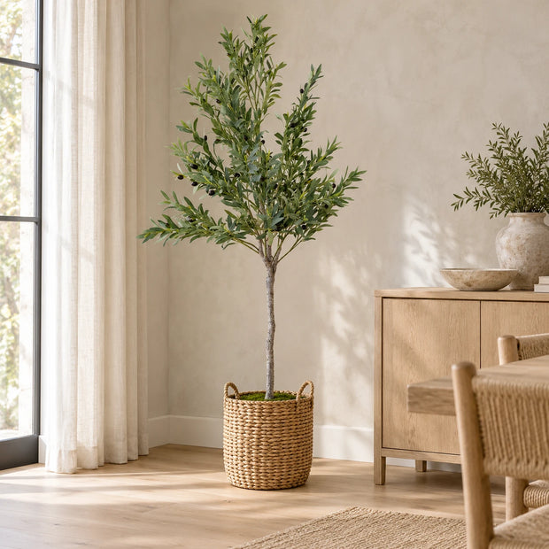 Large artificial olive tree by Satchville, 180cm tall, realistic green foliage, ideal for indoor decor or office spaces.