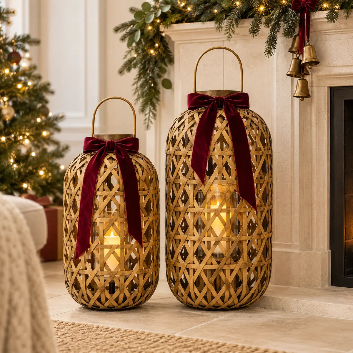 Medium and large oval bamboo lanterns with burgundy bow styling beside a Christmas fireplace