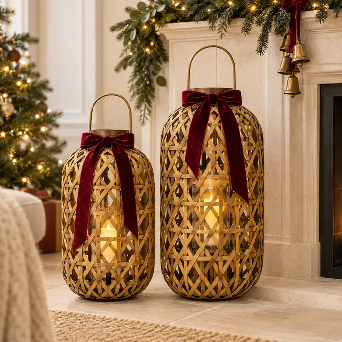 Medium and large oval bamboo lanterns with burgundy bow styling beside a Christmas fireplace