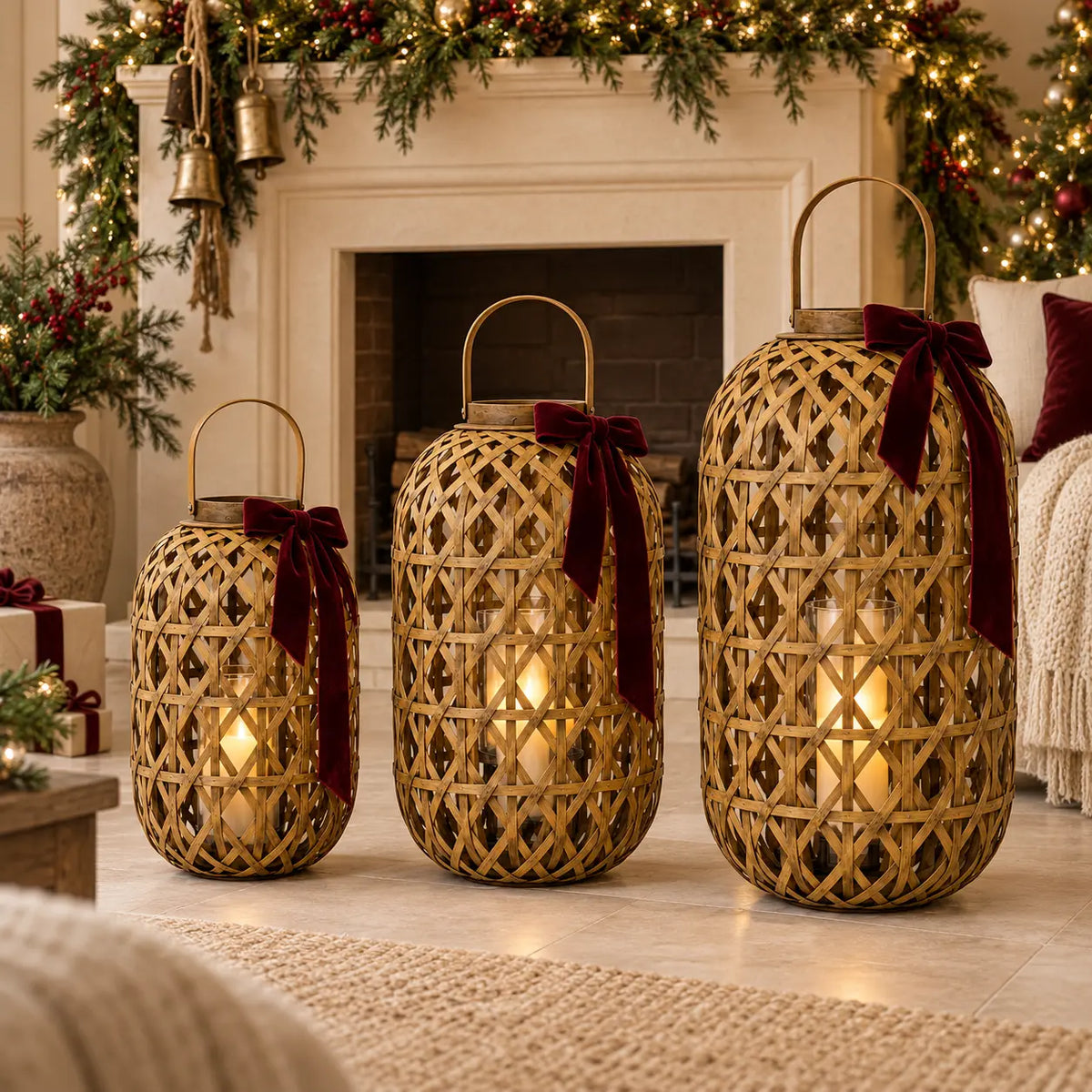 Three sizes of oval bamboo lantern with burgundy bows and LED candle props beside a Christmas fireplace