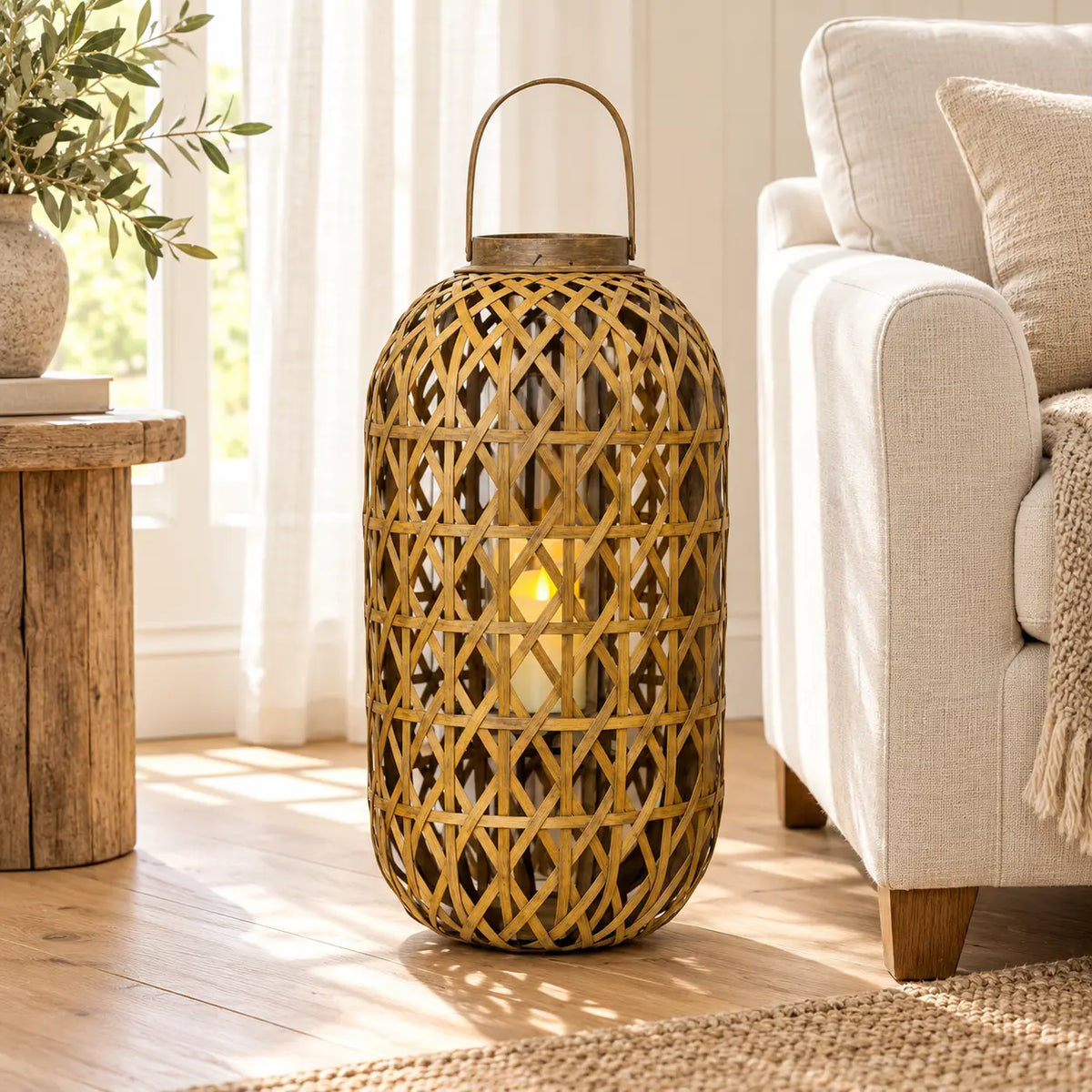 Large oval bamboo lantern styled with an LED candle prop beside a neutral linen armchair
