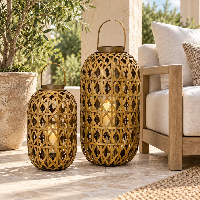 Small and large oval bamboo lanterns styled with LED candle props on a sheltered summer patio